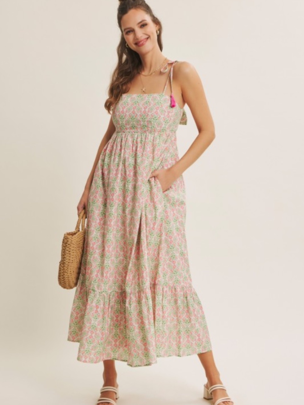 Garden Floral Open-back With Bow Cotton Midi Dress